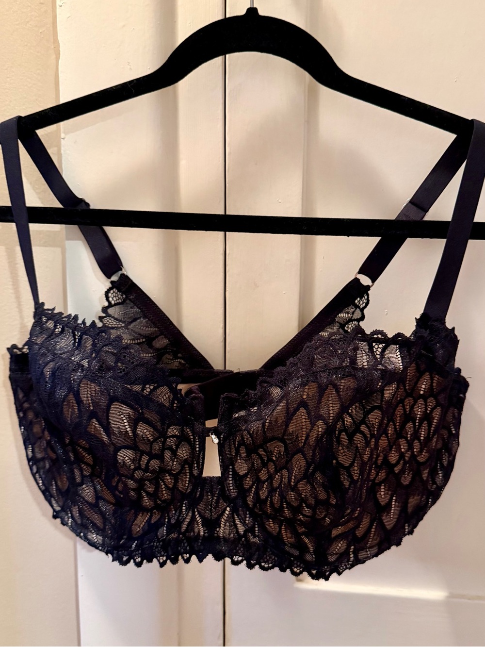 Lace Underwire Bra with Sheer Floral Overlay in Black